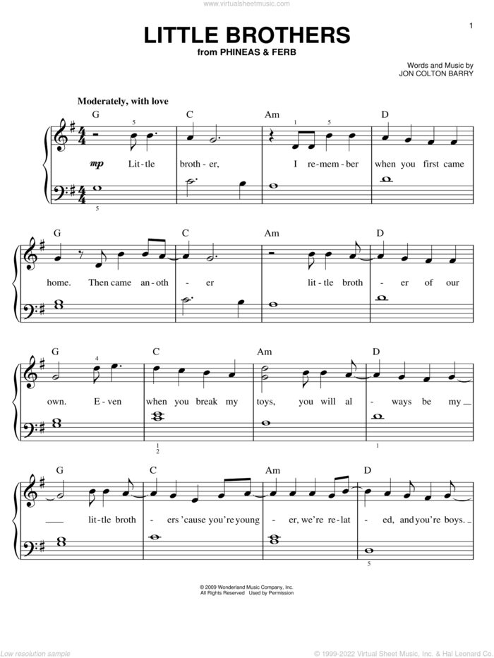 Little Brothers sheet music for piano solo by Danny Jacob, Phineas And Ferb and Jon Colton Barry, easy skill level
