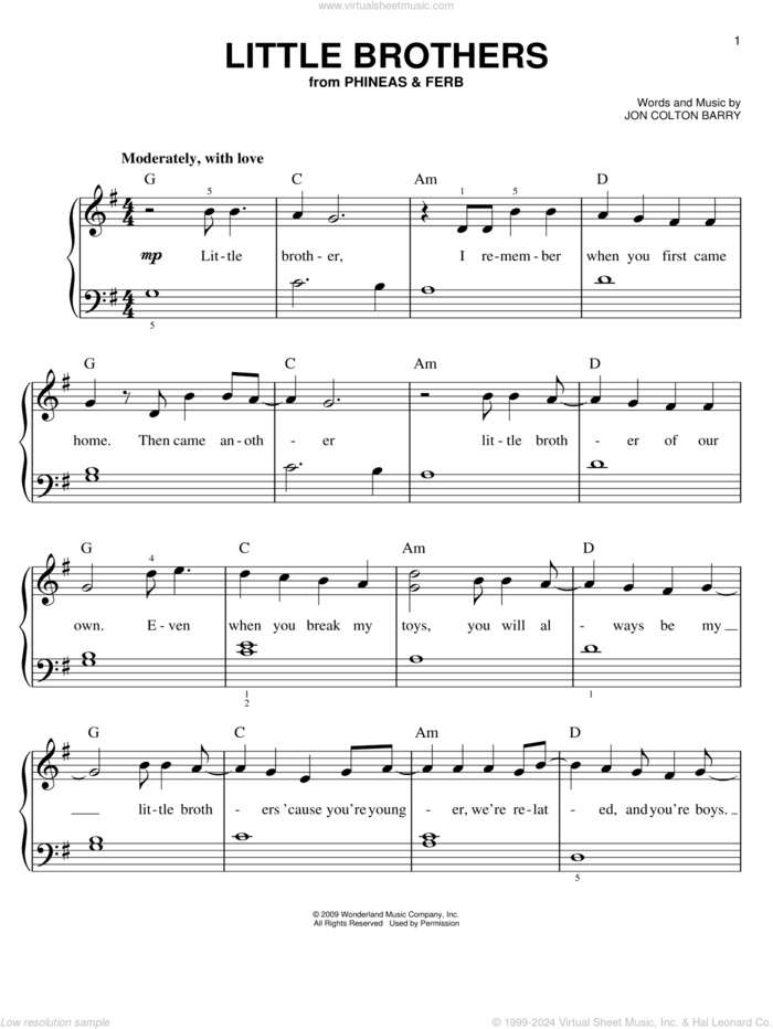 Little Brothers sheet music for piano solo by Danny Jacob, Phineas And Ferb and Jon Colton Barry, easy skill level