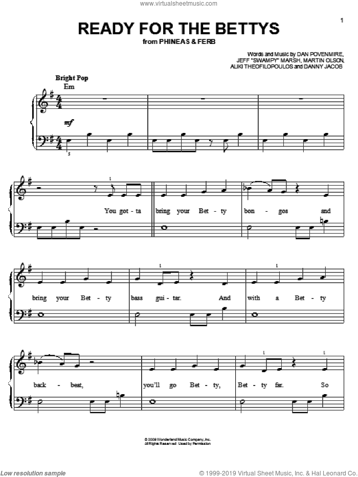 Ready For The Bettys sheet music for piano solo by Danny Jacob, Phineas And Ferb, Aliki Theophilopoulos, Dan Povenmire, Jeff 'Swampy' Marsh and Martin Olson, easy skill level