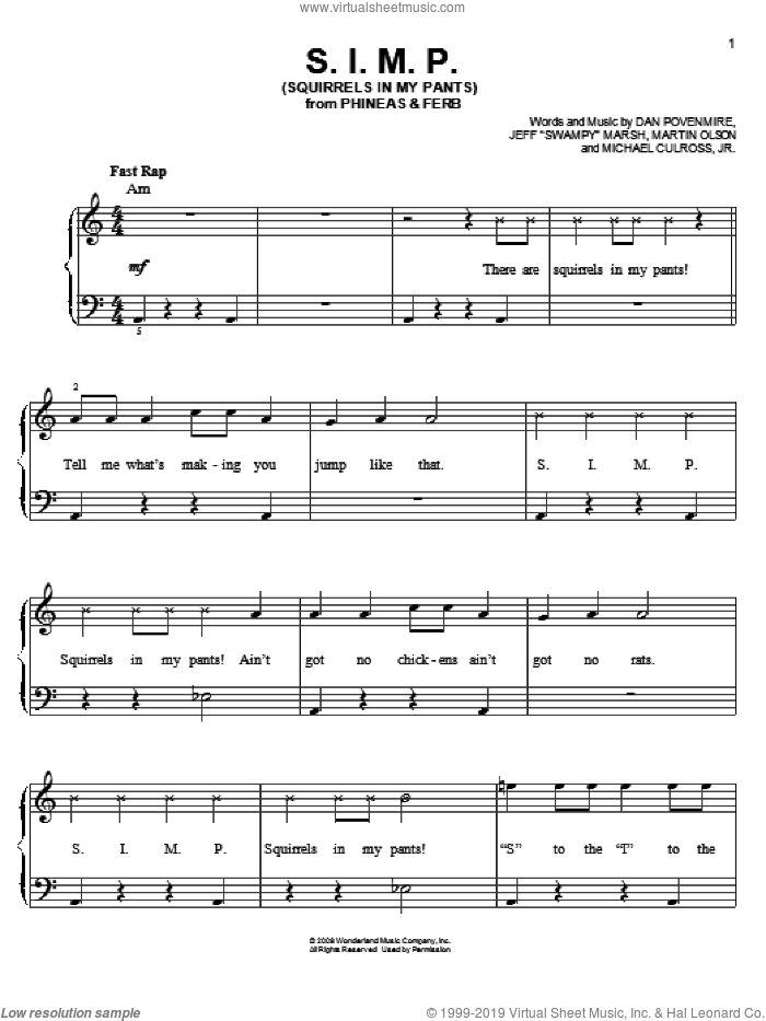 S.I.M.P. (Squirrels In My Pants) sheet music for piano solo by Danny Jacob, Phineas And Ferb, Dan Povenmire, Jeff 'Swampy' Marsh, Martin Olson and Michael Culross, Jr., easy skill level