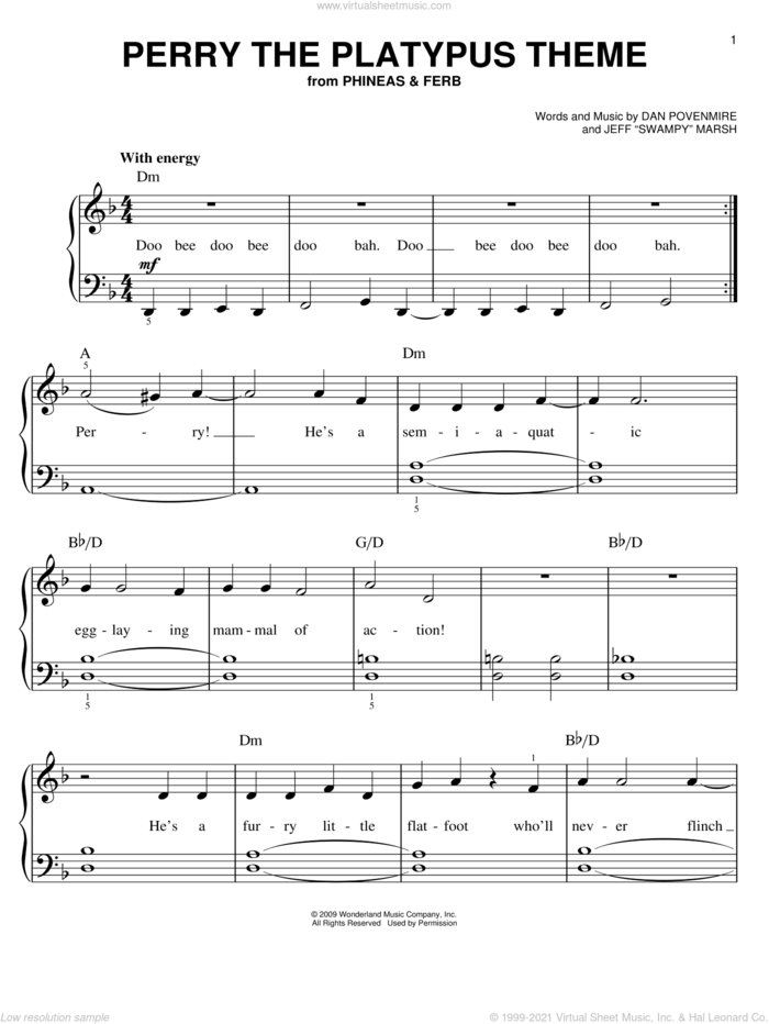 Perry The Platypus Theme sheet music for piano solo by Danny Jacob, Phineas And Ferb, Dan Povenmire and Jeff 'Swampy' Marsh, easy skill level