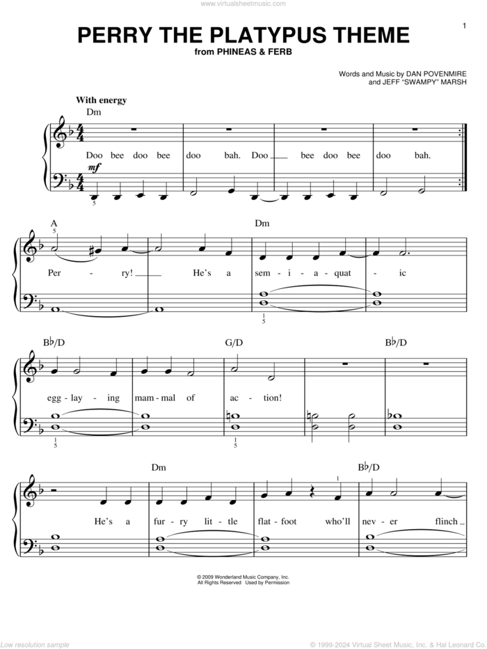 Perry The Platypus Theme sheet music for piano solo by Danny Jacob, Phineas And Ferb, Dan Povenmire and Jeff 'Swampy' Marsh, easy skill level