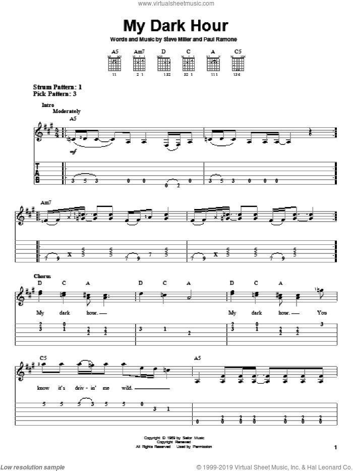 My Dark Hour sheet music for guitar solo (easy tablature) by Steve Miller Band, Paul Ramone and Steve Miller, easy guitar (easy tablature)