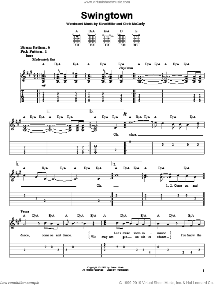 Swingtown sheet music for guitar solo (easy tablature) by Steve Miller Band, Chris McCarty and Steve Miller, easy guitar (easy tablature)