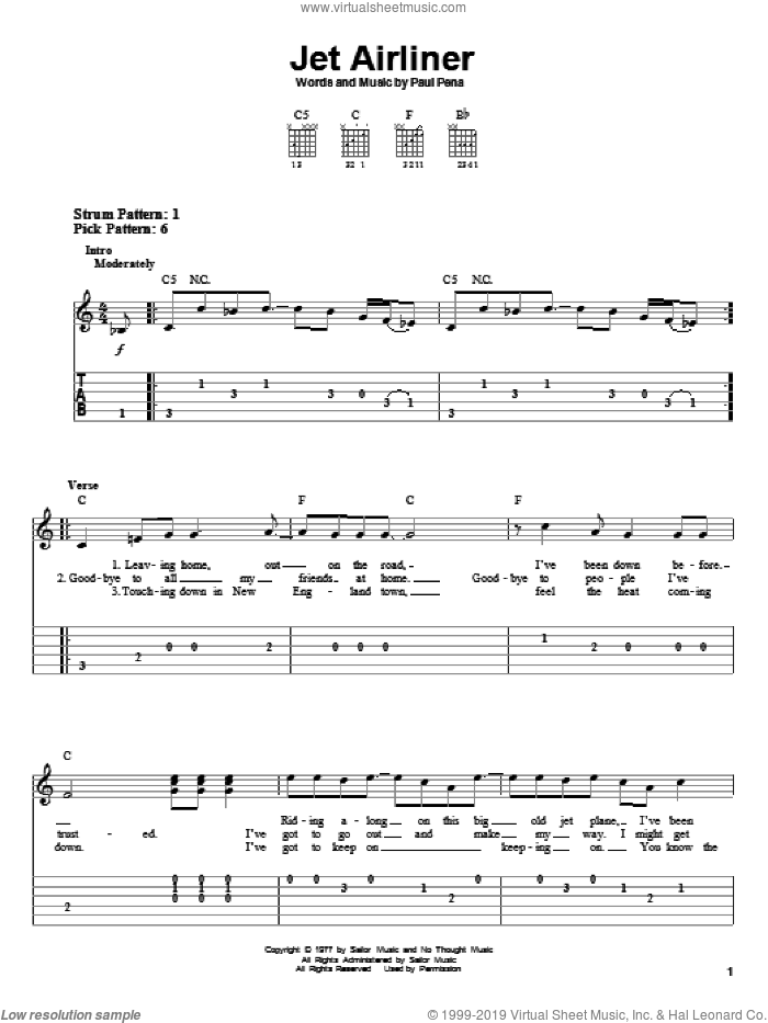 Jet Airliner sheet music for guitar solo (easy tablature) by Steve Miller Band and Paul Pena, easy guitar (easy tablature)