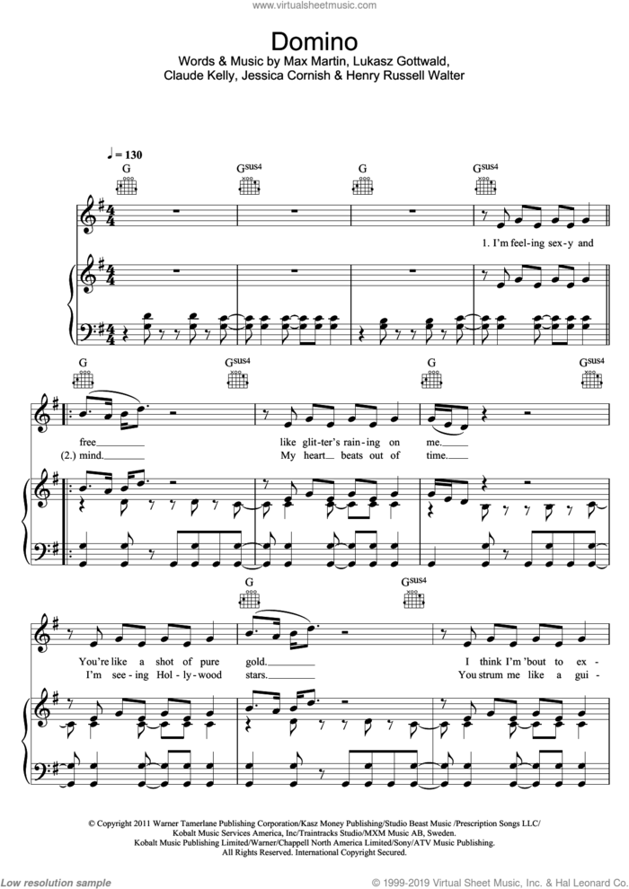 Domino sheet music for voice, piano or guitar by Jessie J, Claude Kelly, Henry Russell Walter, Jessica Cornish, Lukasz Gottwald and Max Martin, intermediate skill level