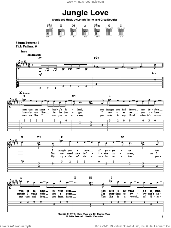 Jungle Love sheet music for guitar solo (easy tablature) by Steve Miller Band, Greg Douglas and Lonnie Turner, easy guitar (easy tablature)