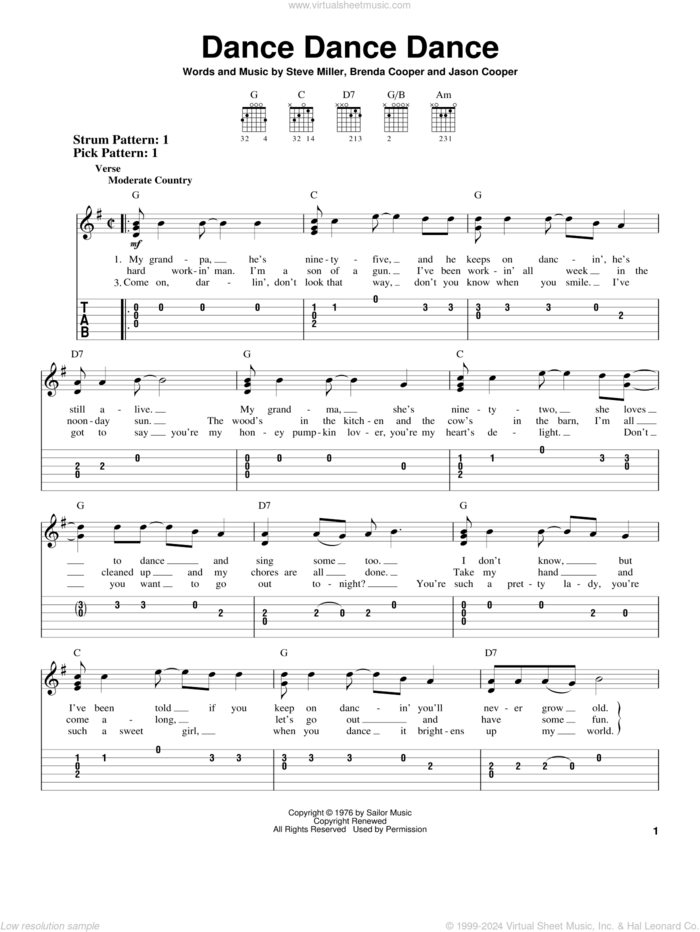 Dance Dance Dance sheet music for guitar solo (easy tablature) by Steve Miller Band, Brenda Cooper, Jason Cooper and Steve Miller, easy guitar (easy tablature)