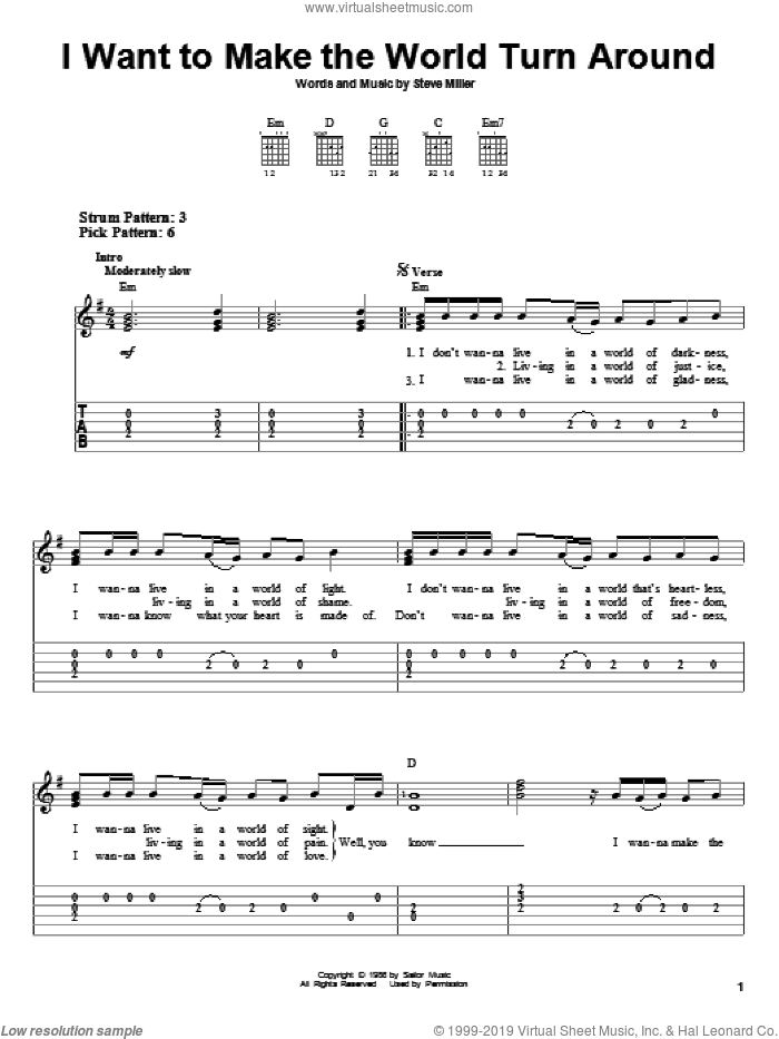 I Want To Make The World Turn Around sheet music for guitar solo (easy tablature) by Steve Miller Band and Steve Miller, easy guitar (easy tablature)