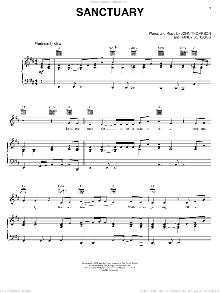 Sanctuary sheet music for voice, piano or guitar by Randy Scruggs and John Thompson, intermediate skill level