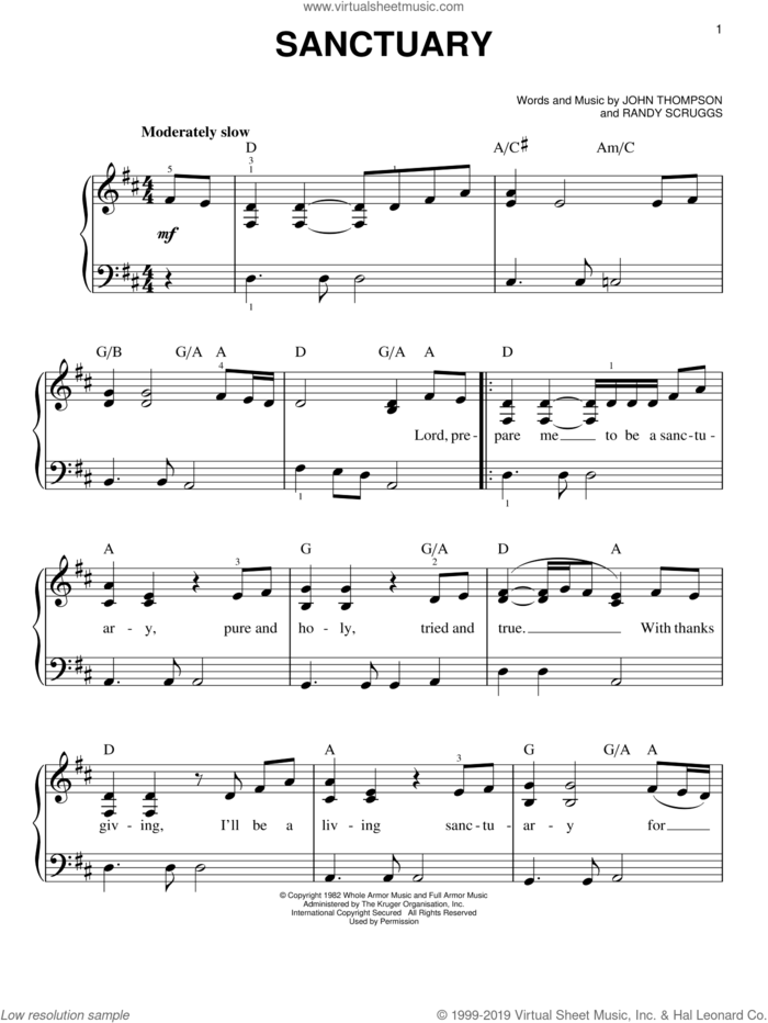 Sanctuary sheet music for piano solo by Randy Scruggs and John Thompson, easy skill level