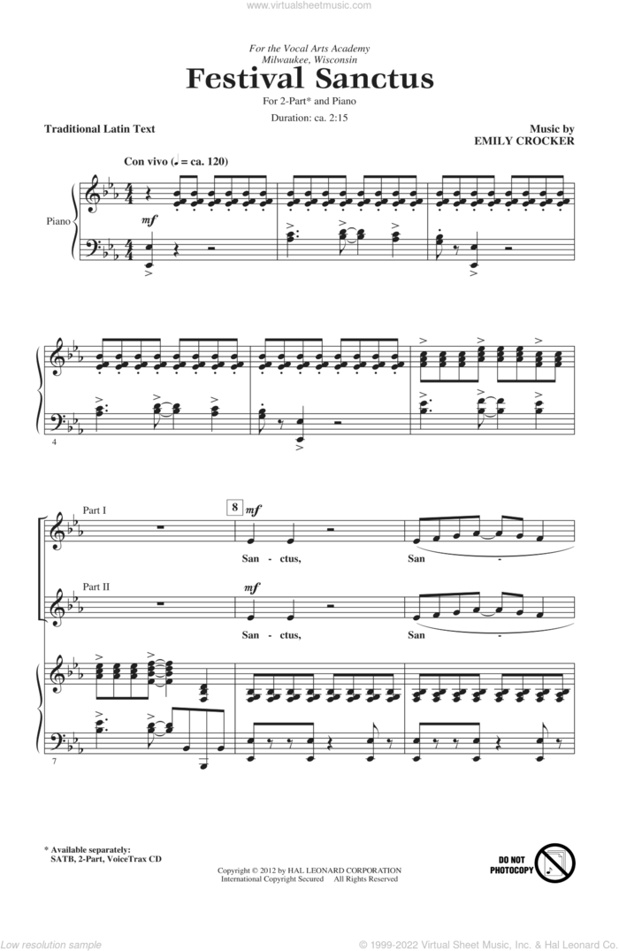 Festival Sanctus sheet music for choir (2-Part) by Emily Crocker, intermediate duet