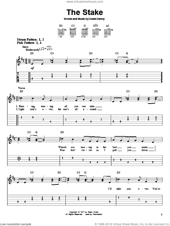 The Stake sheet music for guitar solo (easy tablature) by Steve Miller Band and David Denny, easy guitar (easy tablature)