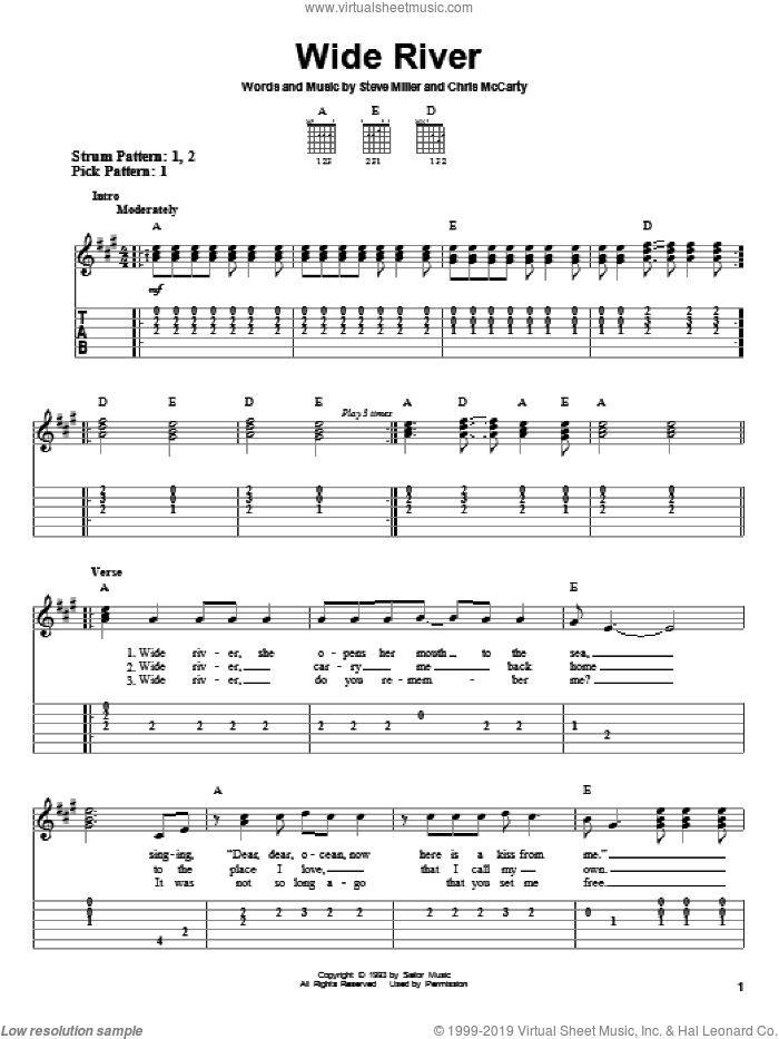 Wide River sheet music for guitar solo (easy tablature) by Steve Miller Band, Chris McCarty and Steve Miller, easy guitar (easy tablature)