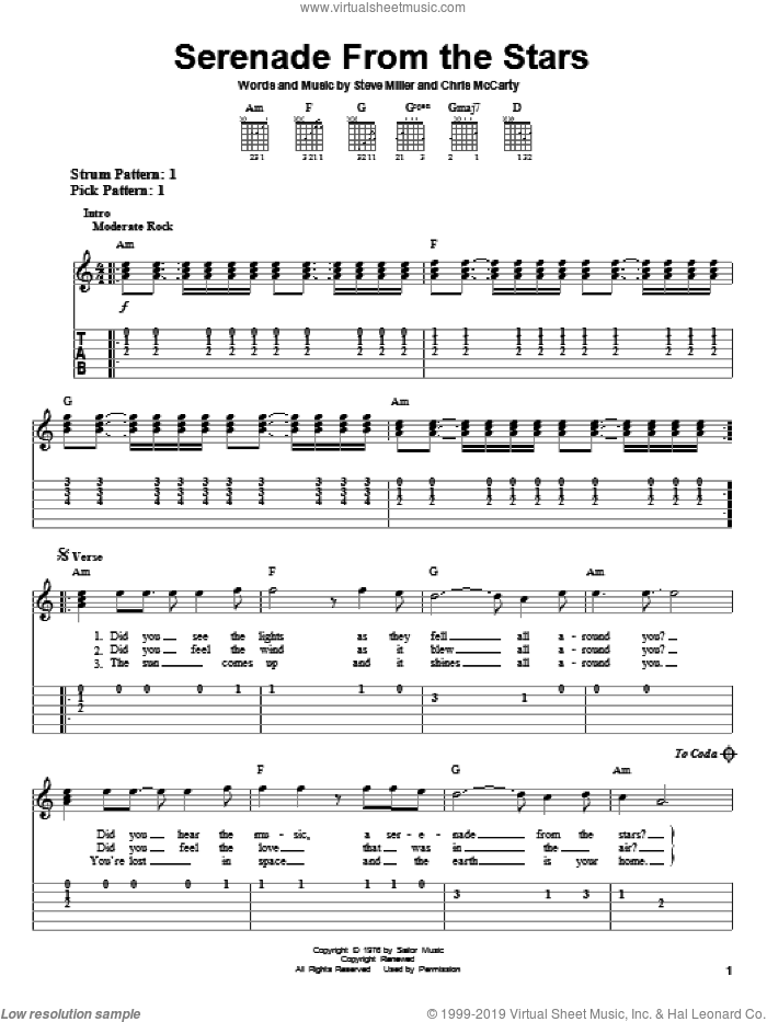 Serenade From The Stars sheet music for guitar solo (easy tablature) by Steve Miller Band, Chris McCarty and Steve Miller, easy guitar (easy tablature)