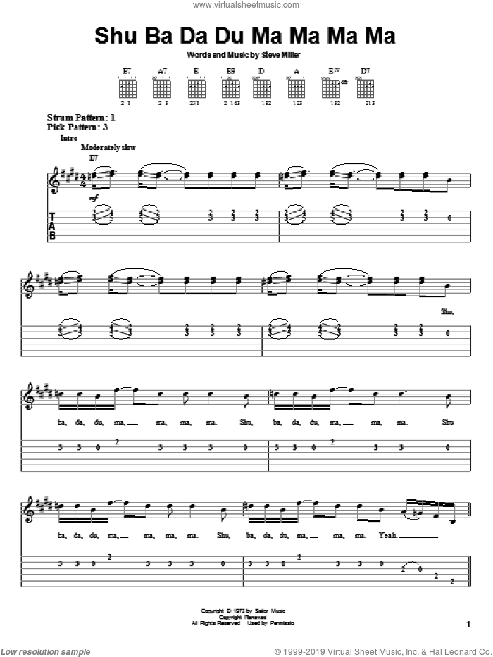 Shu Ba Da Du Ma Ma Ma Ma sheet music for guitar solo (easy tablature) by Steve Miller Band and Steve Miller, easy guitar (easy tablature)