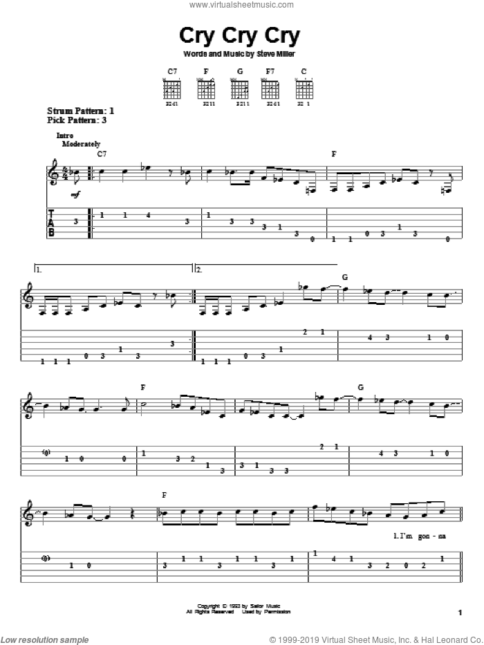 Cry Cry Cry sheet music for guitar solo (easy tablature) by Steve Miller Band and Steve Miller, easy guitar (easy tablature)