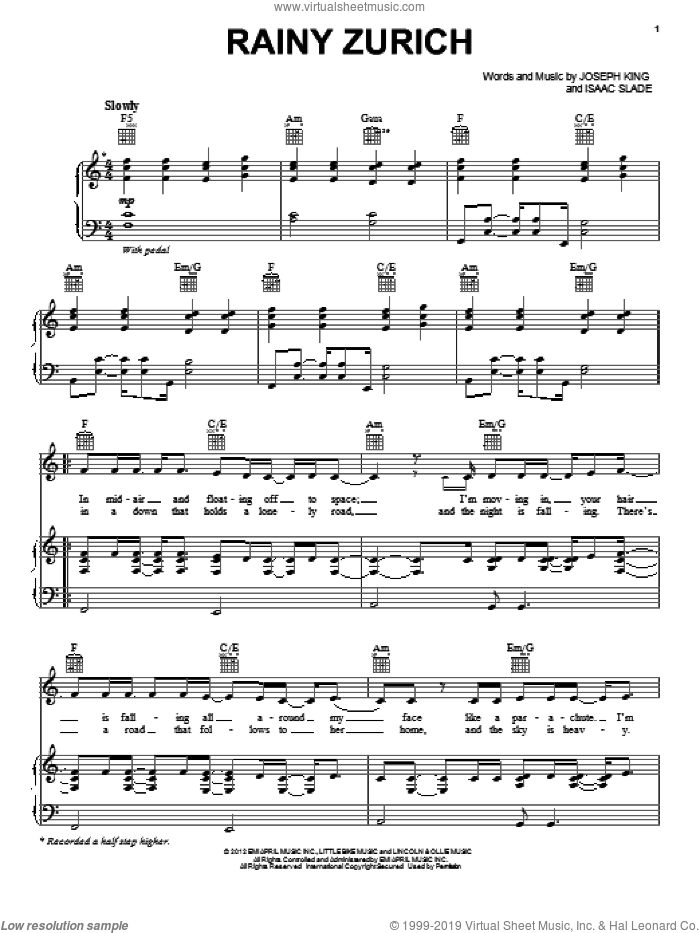 Rainy Zurich sheet music for voice, piano or guitar by The Fray, Isaac Slade and Joseph King, intermediate skill level