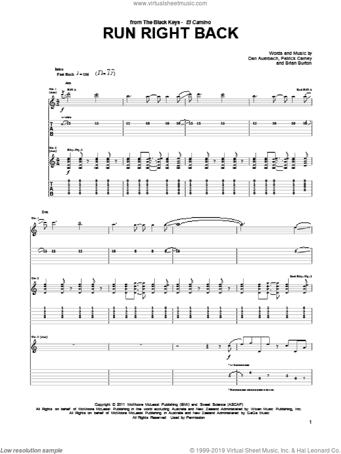Run Right Back sheet music for guitar (tablature) by The Black Keys, Brian Burton, Daniel Auerbach and Patrick Carney, intermediate skill level
