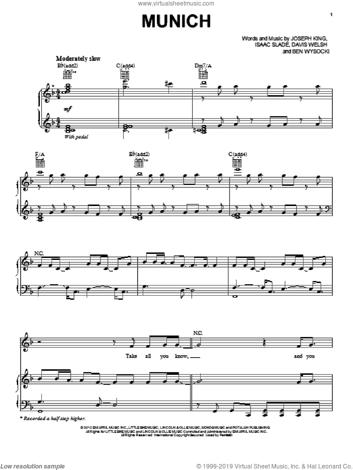 Munich sheet music for voice, piano or guitar by The Fray, Ben Wysocki, David Welsh, Isaac Slade and Joseph King, intermediate skill level