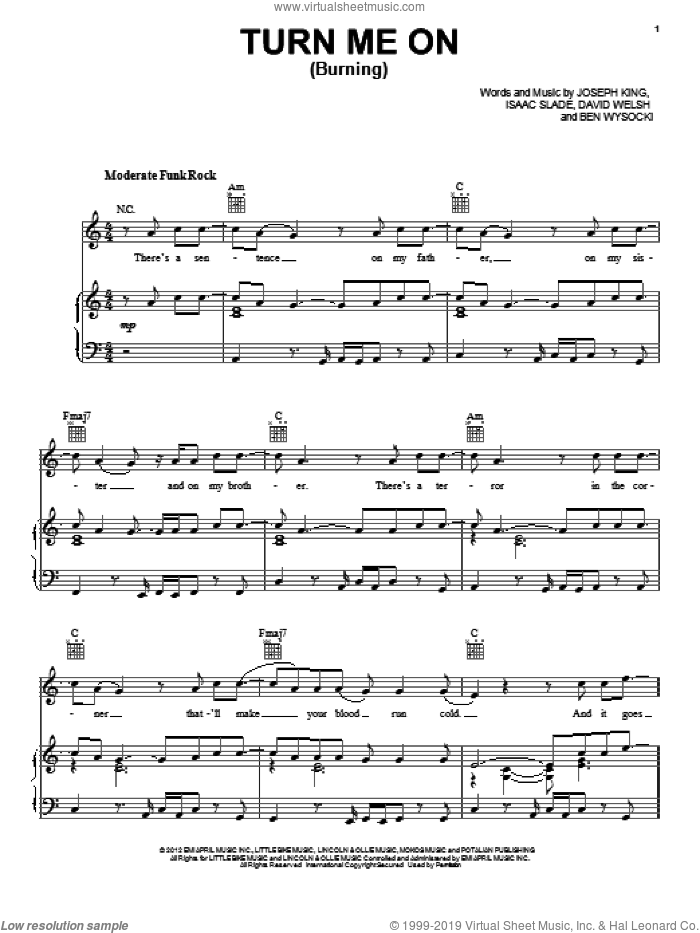 Turn Me On (Burning) sheet music for voice, piano or guitar by The Fray, Ben Wysocki, David Welsh, Isaac Slade and Joseph King, intermediate skill level