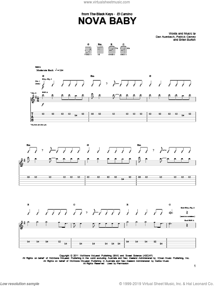 Nova Baby sheet music for guitar (tablature) by The Black Keys, Brian Burton, Daniel Auerbach and Patrick Carney, intermediate skill level