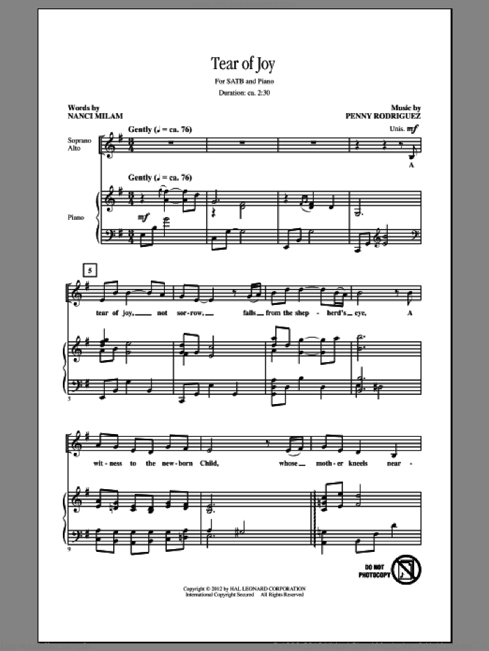 Tear Of Joy sheet music for choir (SATB: soprano, alto, tenor, bass) by Penny Rodriguez and Nanci Milam, intermediate skill level
