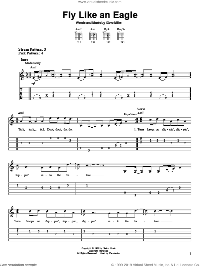 Fly Like An Eagle sheet music for guitar solo (easy tablature) by Steve Miller Band and Steve Miller, easy guitar (easy tablature)
