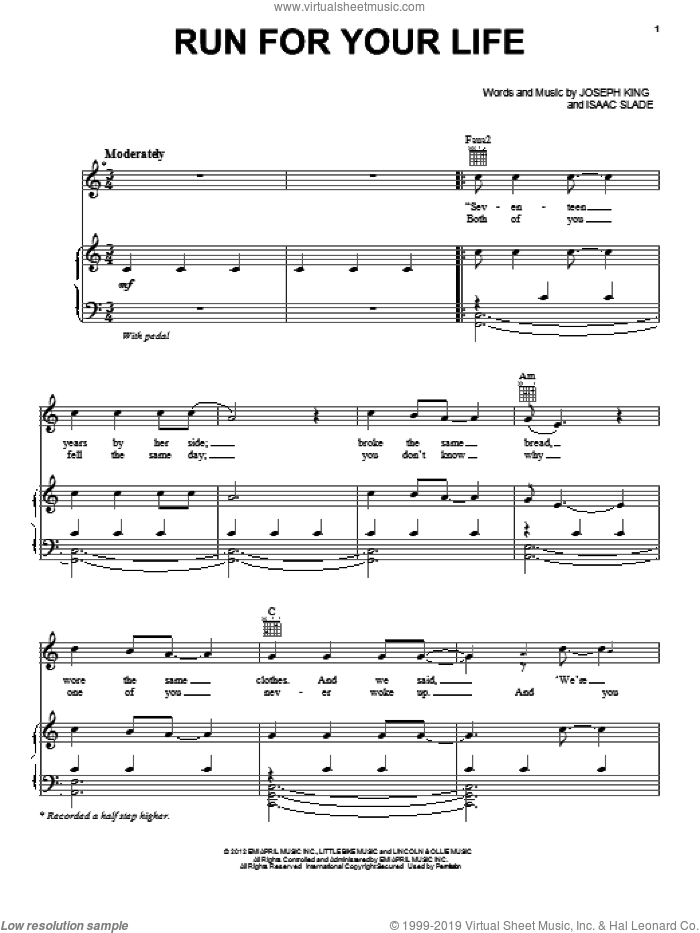 Run For Your Life sheet music for voice, piano or guitar by The Fray, Isaac Slade and Joseph King, intermediate skill level
