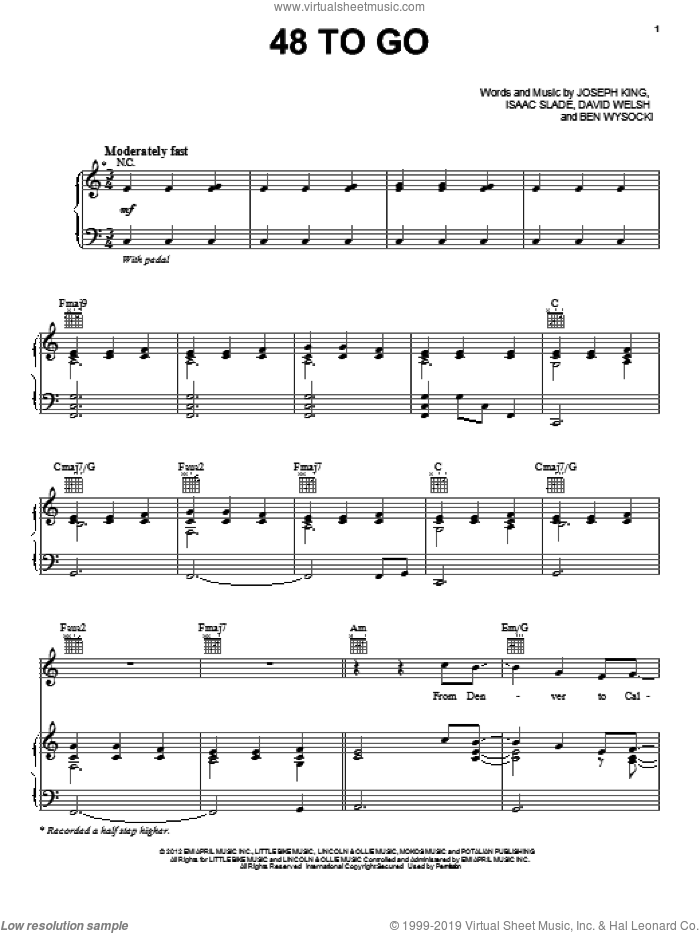 48 To Go sheet music for voice, piano or guitar by The Fray, Ben Wysocki, David Welsh, Isaac Slade and Joseph King, intermediate skill level
