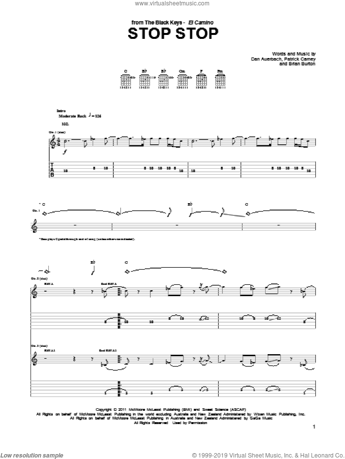 Stop Stop sheet music for guitar (tablature) by The Black Keys, Brian Burton, Daniel Auerbach and Patrick Carney, intermediate skill level