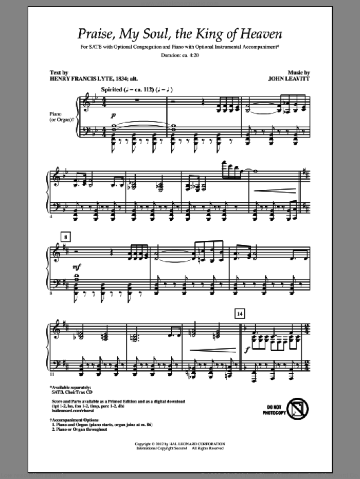 Praise My Soul, The King Of Heaven sheet music for choir (SATB: soprano, alto, tenor, bass) by John Leavitt and Henry Francis Lyte, intermediate skill level