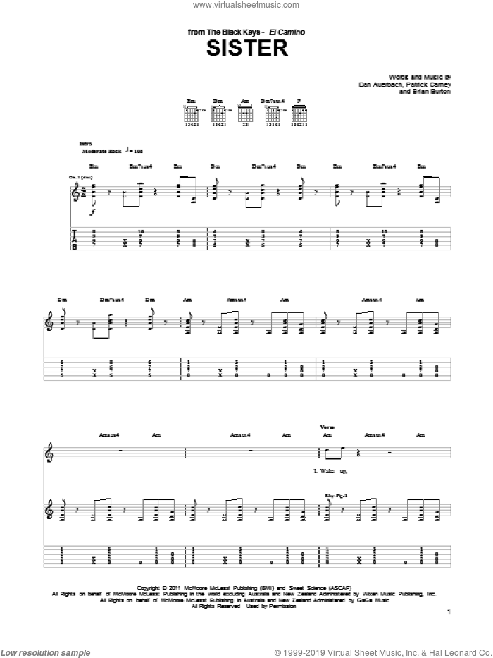 Sister sheet music for guitar (tablature) by The Black Keys, Brian Burton, Daniel Auerbach and Patrick Carney, intermediate skill level