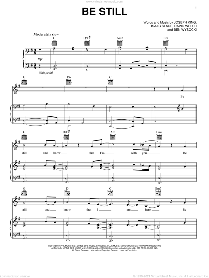 Be Still sheet music for voice, piano or guitar by The Fray, Ben Wysocki, David Welsh, Isaac Slade and Joseph King, intermediate skill level