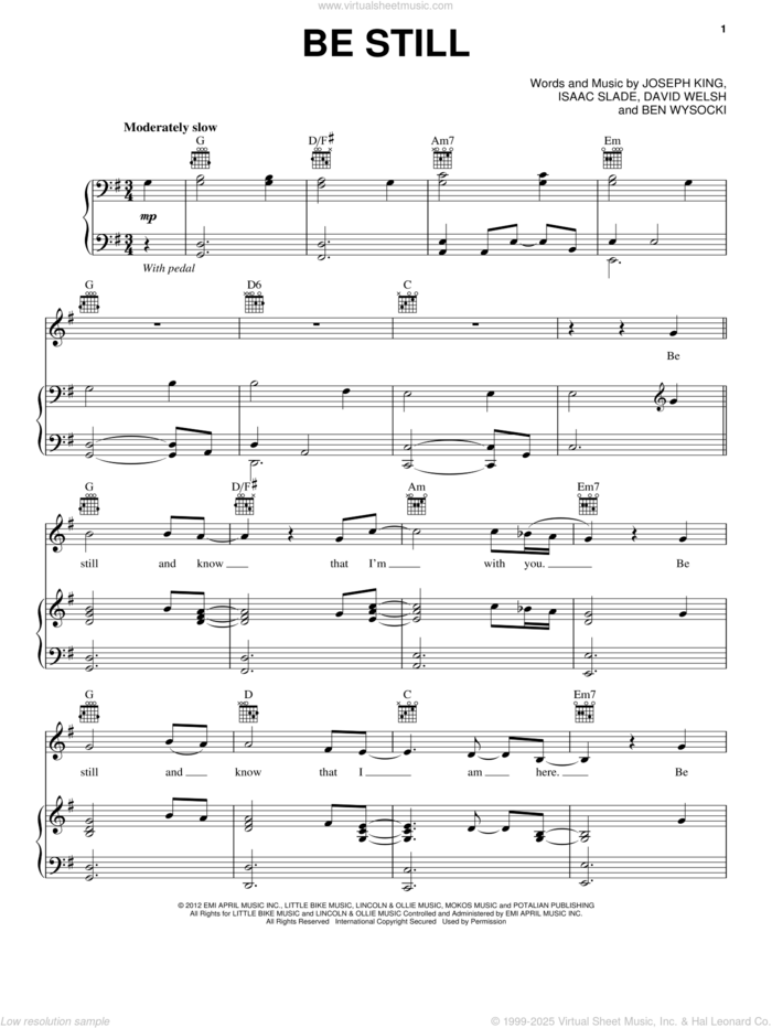 Be Still sheet music for voice, piano or guitar by The Fray, Ben Wysocki, David Welsh, Isaac Slade and Joseph King, intermediate skill level