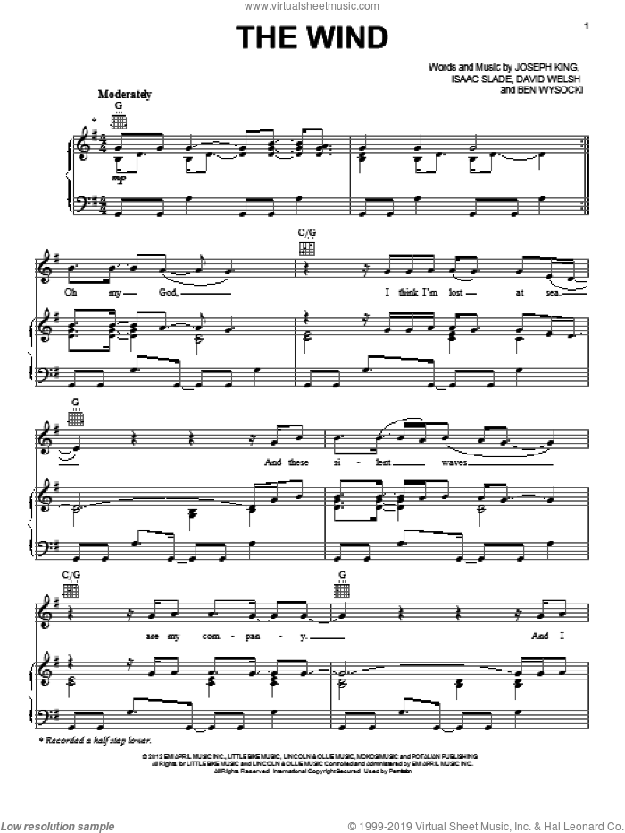 The Wind sheet music for voice, piano or guitar by The Fray, Ben Wysocki, David Welsh, Isaac Slade and Joseph King, intermediate skill level
