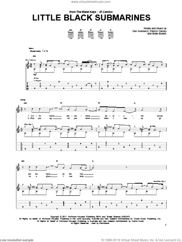 Little Black Submarines sheet music for guitar (tablature) by The Black Keys, Brian Burton, Daniel Auerbach and Patrick Carney, intermediate skill level