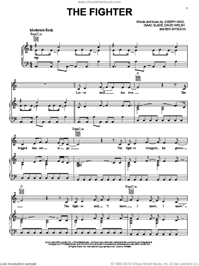 The Fighter sheet music for voice, piano or guitar by The Fray, Ben Wysocki, David Welsh, Isaac Slade and Joseph King, intermediate skill level
