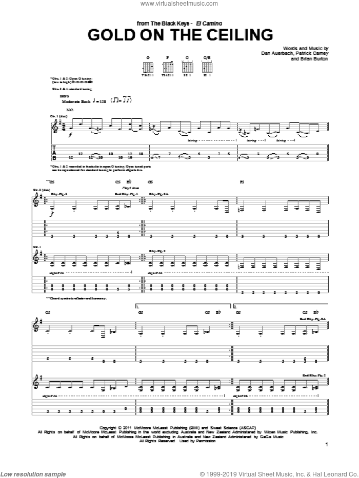 Gold On The Ceiling sheet music for guitar (tablature) by The Black Keys, Brian Burton, Daniel Auerbach and Patrick Carney, intermediate skill level
