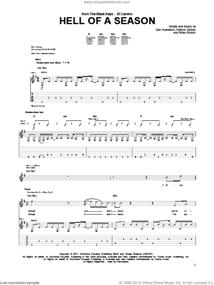 Hell Of A Season sheet music for guitar (tablature) by The Black Keys, Brian Burton, Daniel Auerbach and Patrick Carney, intermediate skill level