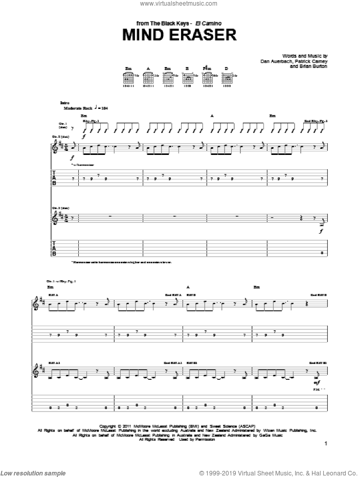Mind Eraser sheet music for guitar (tablature) by The Black Keys, Brian Burton, Daniel Auerbach and Patrick Carney, intermediate skill level