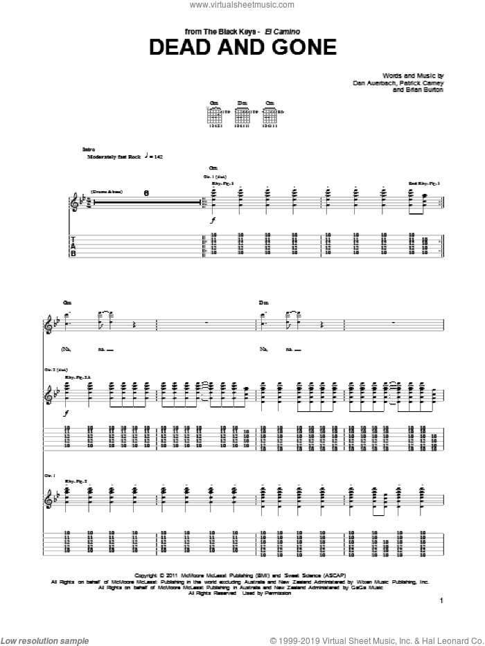 Dead And Gone sheet music for guitar (tablature) by The Black Keys, Brian Burton, Daniel Auerbach and Patrick Carney, intermediate skill level