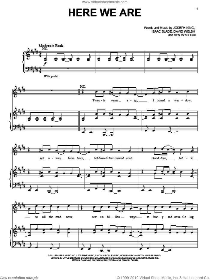 Here We Are sheet music for voice, piano or guitar by The Fray, Ben Wysocki, David Welsh, Isaac Slade and Joseph King, intermediate skill level
