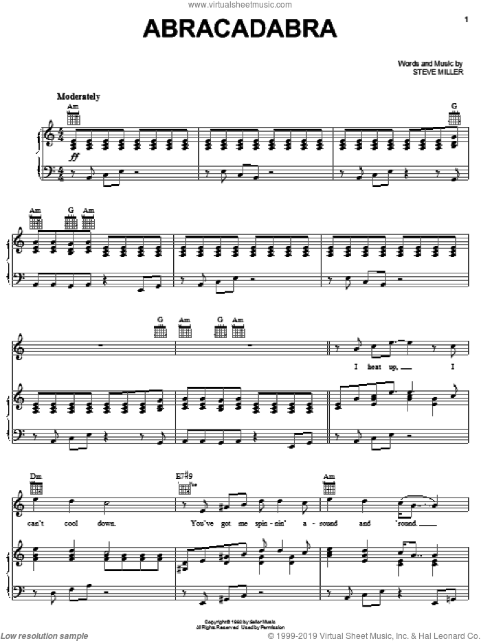 Abracadabra sheet music for voice, piano or guitar by Steve Miller Band and Steve Miller, intermediate skill level