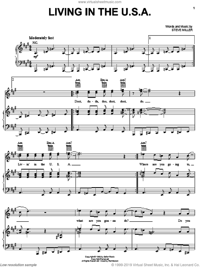 Living In The U.S.A. sheet music for voice, piano or guitar by Steve Miller Band and Steve Miller, intermediate skill level