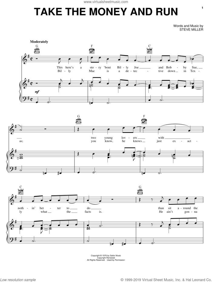 Take The Money And Run sheet music for voice, piano or guitar by Steve Miller Band and Steve Miller, intermediate skill level