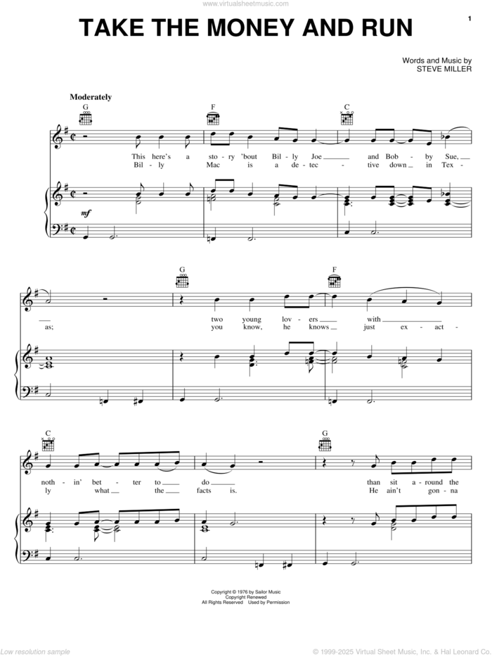 Take The Money And Run sheet music for voice, piano or guitar by Steve Miller Band and Steve Miller, intermediate skill level