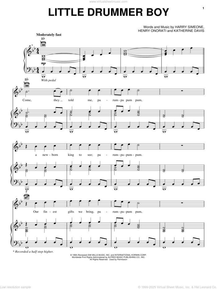 The Little Drummer Boy sheet music for voice, piano or guitar by Bob Seger, Harry Simeone, Henry Onorati and Katherine Davis, intermediate skill level