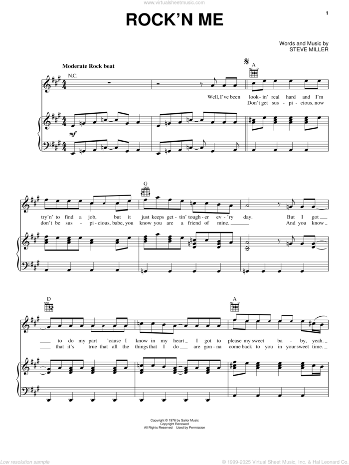 Rock'n Me sheet music for voice, piano or guitar by Steve Miller Band and Steve Miller, intermediate skill level