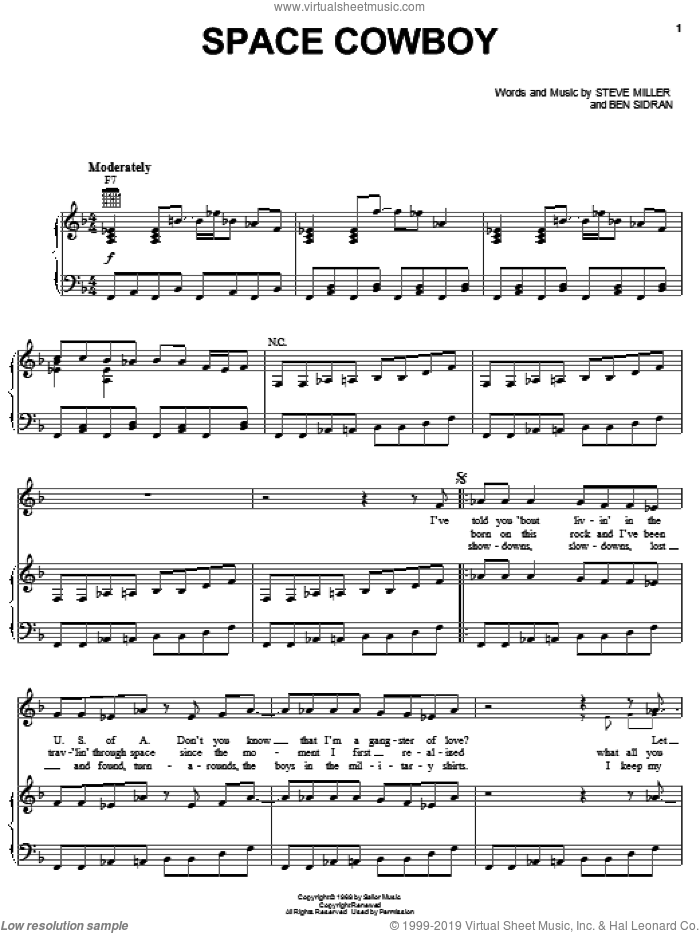 Space Cowboy sheet music for voice, piano or guitar by Steve Miller Band, Ben Sidran and Steve Miller, intermediate skill level